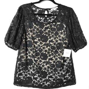 PerSeption Concept Lace Top Womens Sz L Short Puff Sleeves Black & Cream NWT